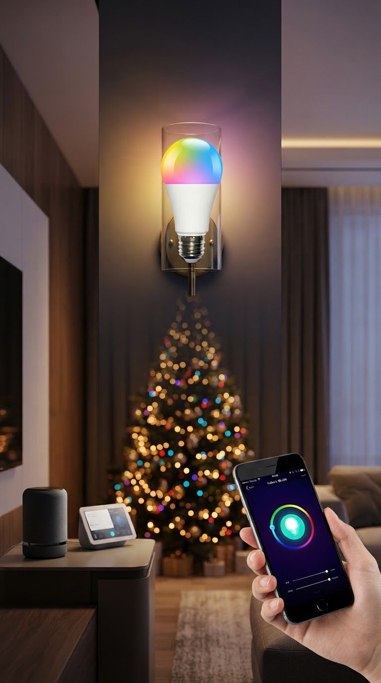 Lâmpada inteligente RGB Wi-Fi em ambiente smart home de Natal