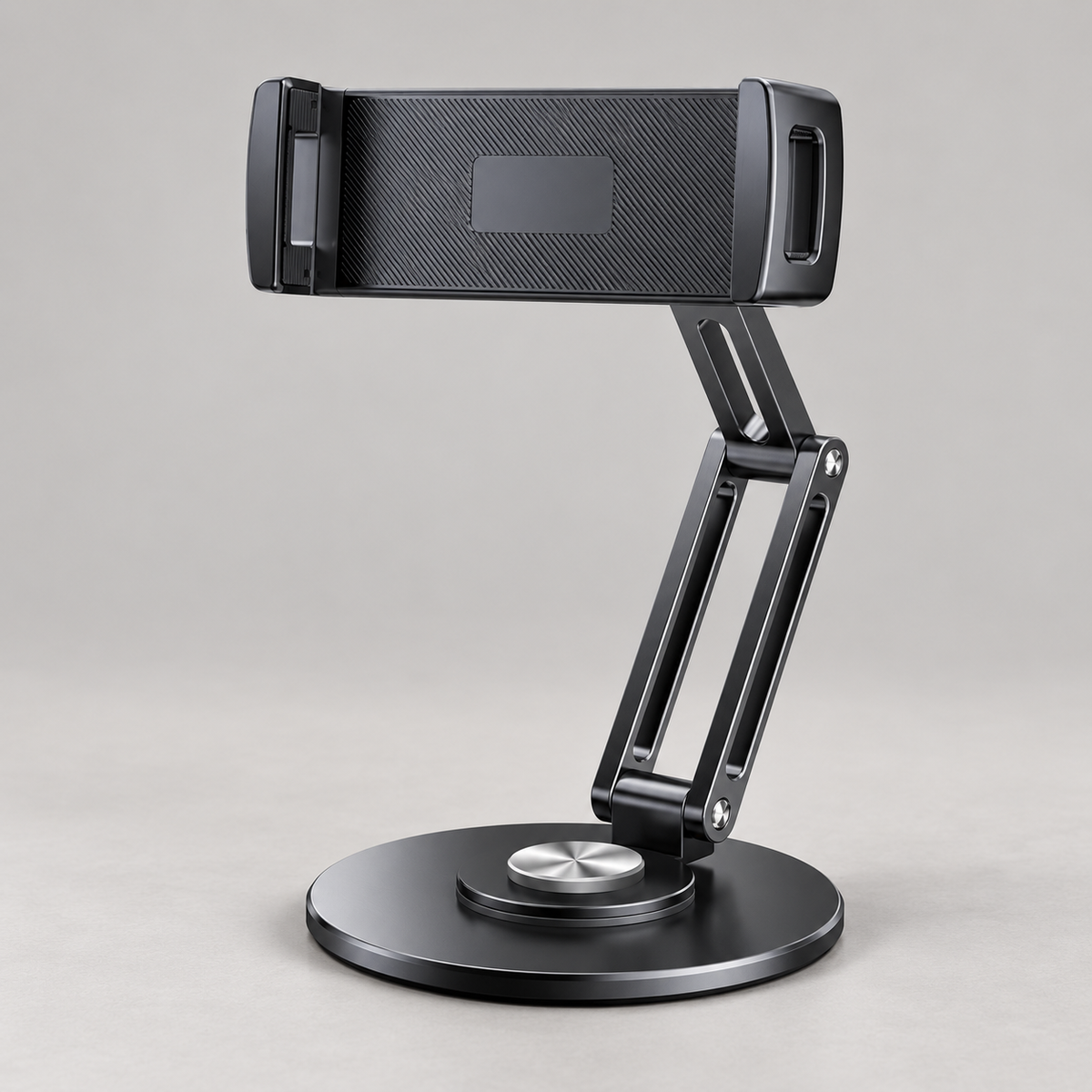 Suporte metálico preto articulado com pinça ajustável para telemóvel e tablet