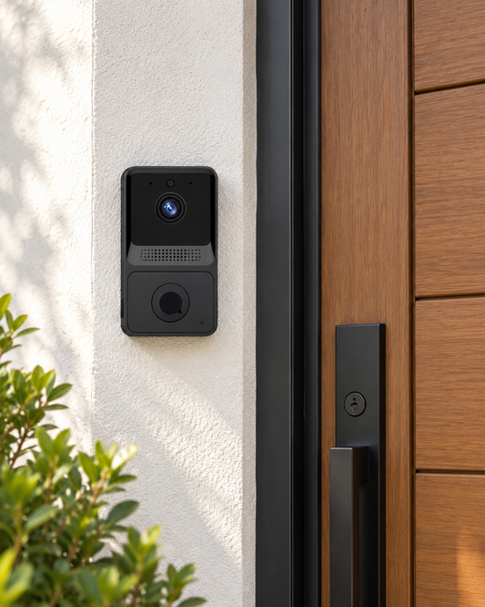 Campainha inteligente Wi-Fi com câmara junto a uma porta