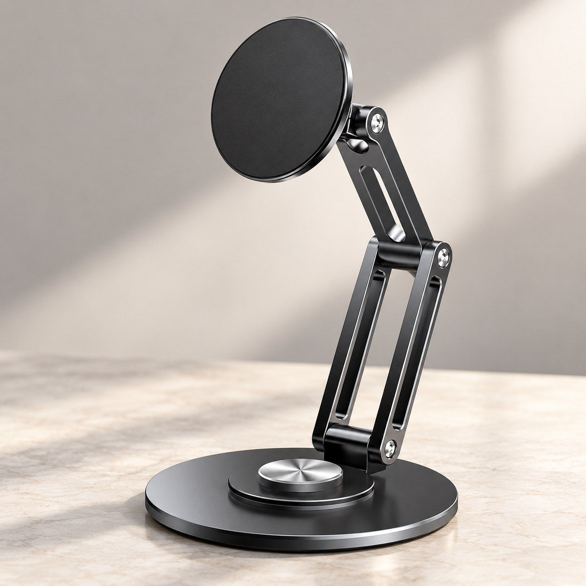 Suporte metálico preto com base circular magnética e braço articulado de 360 graus